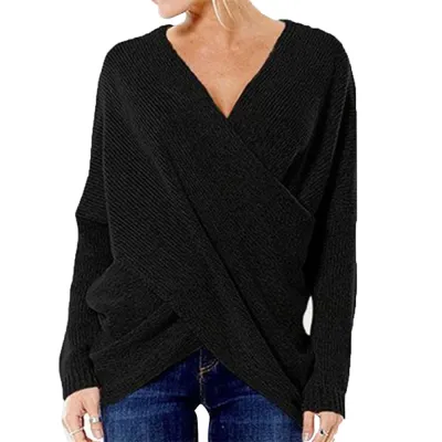 S-5XL Women Fashion V Neck Irregular Hem Pullover Knitwear