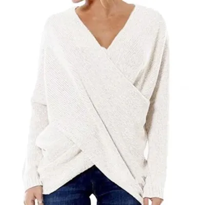 S-5XL Women Fashion V Neck Irregular Hem Pullover Knitwear