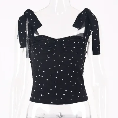 S-L Women Heart Print Pleated Lace-up Tank Top