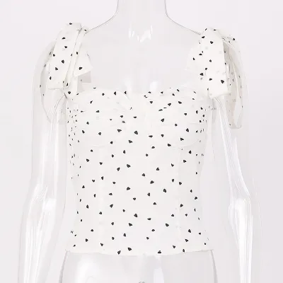 S-L Women Heart Print Pleated Lace-up Tank Top