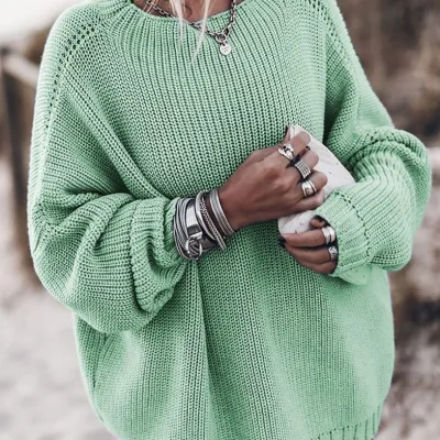 S-XL Women Loose Solid Color Crew Neck Pullover Sweater