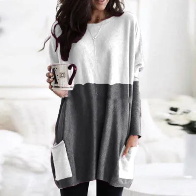 S-5XL Women Casual Round Collar Block Color Patchwork Loose T-shirt