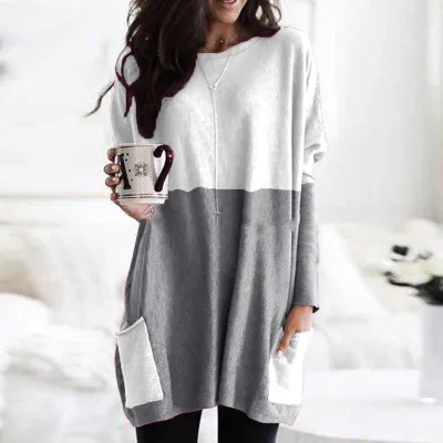 S-5XL Women Casual Round Collar Block Color Patchwork Loose T-shirt