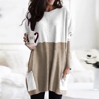 S-5XL Women Casual Round Collar Block Color Patchwork Loose T-shirt