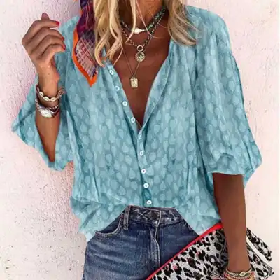S-5XL Plus Size Women Loose Fit Printed Casual Blouse with Puff Sleeves
