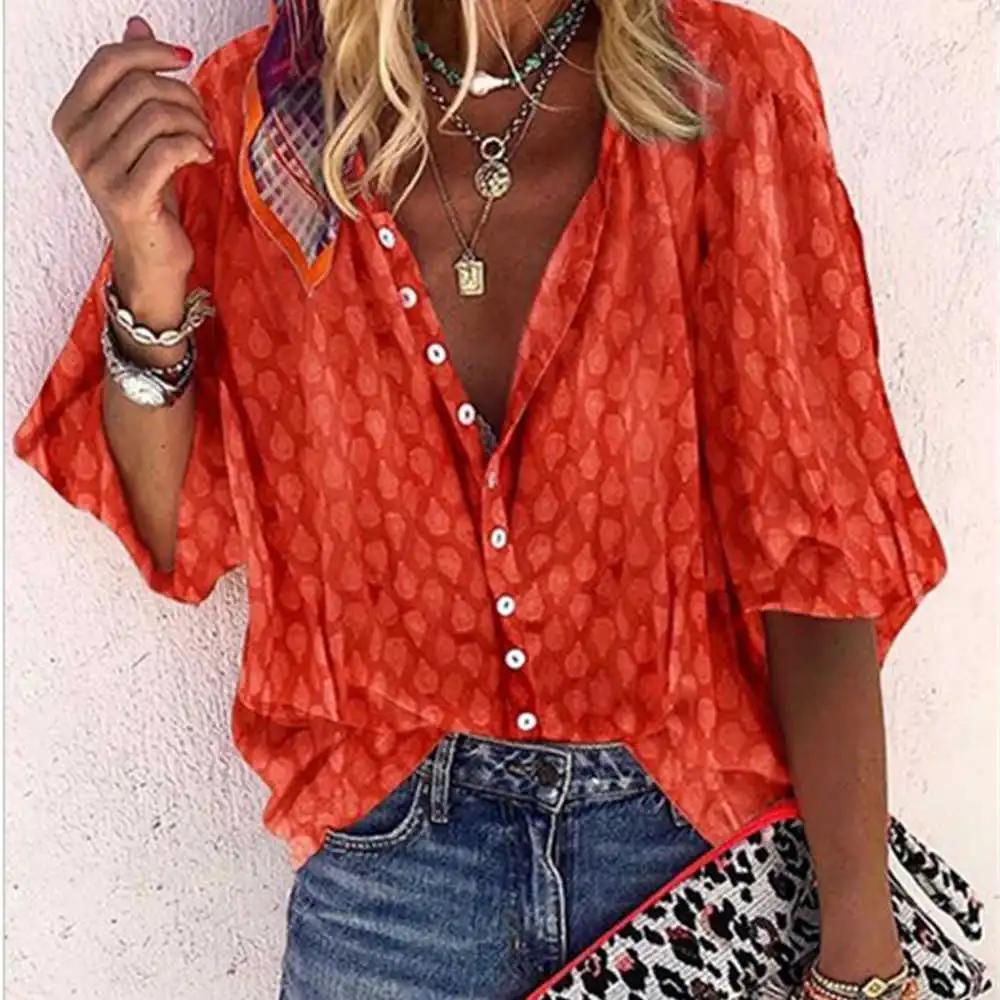 S-5XL Plus Size Women Loose Fit Printed Casual Blouse with Puff Sleeves