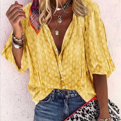 S-5XL Plus Size Women Loose Fit Printed Casual Blouse with Puff Sleeves
