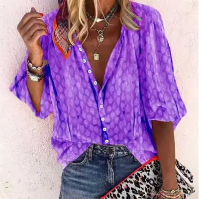 S-5XL Plus Size Women Loose Fit Printed Casual Blouse with Puff Sleeves
