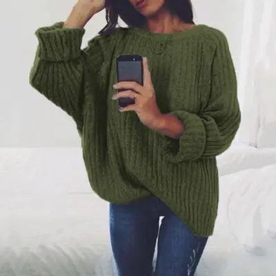 S-XXL Women Casual Loose Solid Color Crew Neck Pullover Sweater