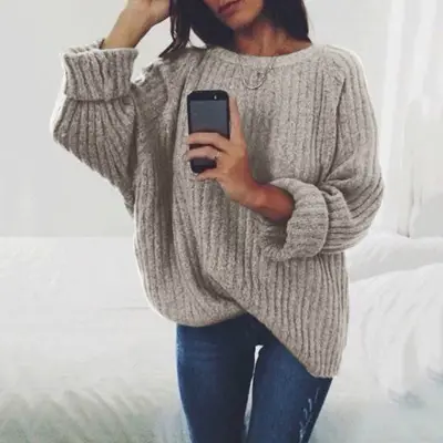 S-XXL Women Casual Loose Solid Color Crew Neck Pullover Sweater