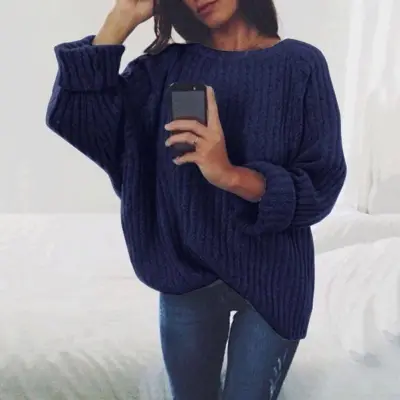 S-XXL Women Casual Loose Solid Color Crew Neck Pullover Sweater