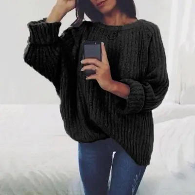S-XXL Women Casual Loose Solid Color Crew Neck Pullover Sweater