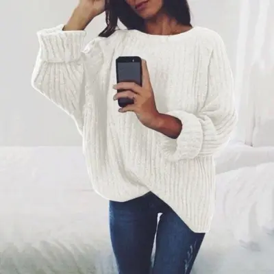 S-XXL Women Casual Loose Solid Color Crew Neck Pullover Sweater