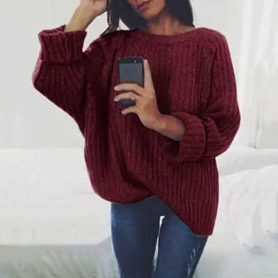 S-XXL Women Casual Loose Solid Color Crew Neck Pullover Sweater