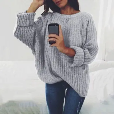 S-XXL Women Casual Loose Solid Color Crew Neck Pullover Sweater