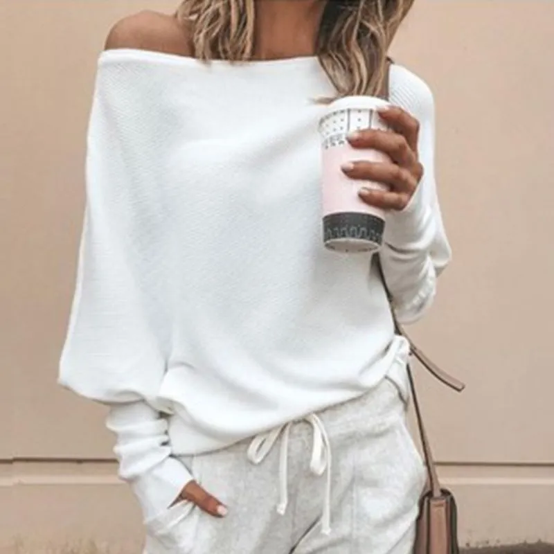 S-XXL Women Oblique Shoulder Dolman Sleeve Solid Color Pullover Knitwear