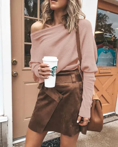 S-XXL Women Oblique Shoulder Dolman Sleeve Solid Color Pullover Knitwear