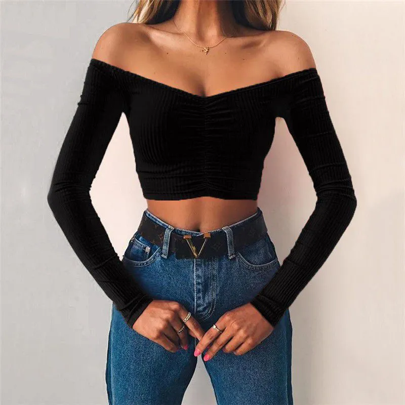 S-L Women Off Shoulder Long Sleeve Slim Fit Crop Top
