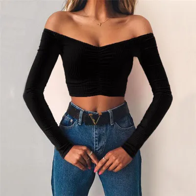 S-L Women Off Shoulder Long Sleeve Slim Fit Crop Top