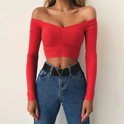 S-L Women Off Shoulder Long Sleeve Slim Fit Crop Top