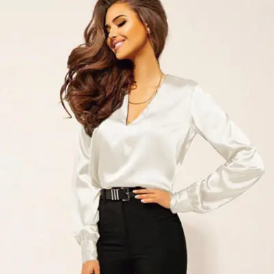 S-XXL Women V Neck Long Sleeve Solid Color Blouse