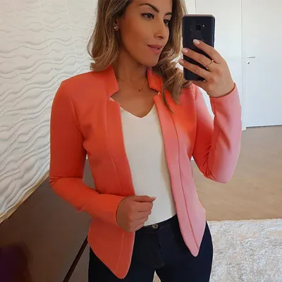 Winter S-5XL Women Solid Color Stand Collar Long-sleeve Blazer Jacket