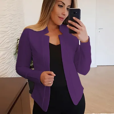 Winter S-5XL Women Solid Color Stand Collar Long-sleeve Blazer Jacket
