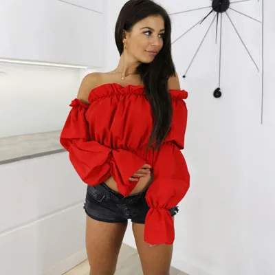 S-XL Women Off-the-shoulder Lantern Sleeve Crop Top