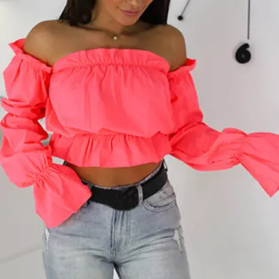 S-XL Women Off-the-shoulder Lantern Sleeve Crop Top