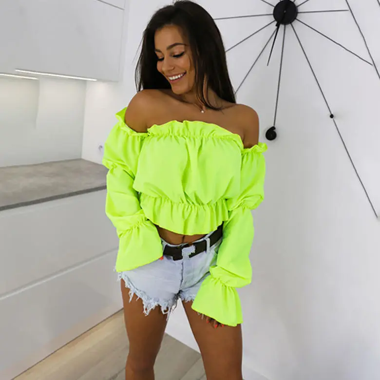 S-XL Women Off-the-shoulder Lantern Sleeve Crop Top