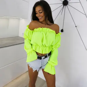 S-XL Women Off-the-shoulder Lantern Sleeve Crop Top