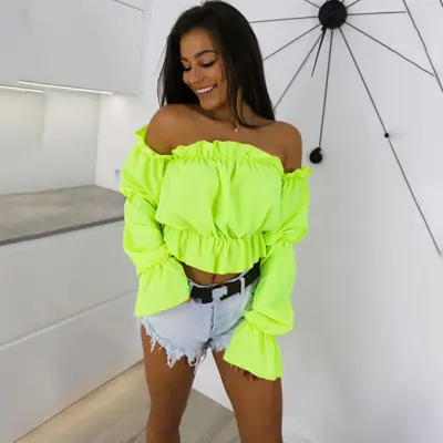 S-XL Women Off-the-shoulder Lantern Sleeve Crop Top