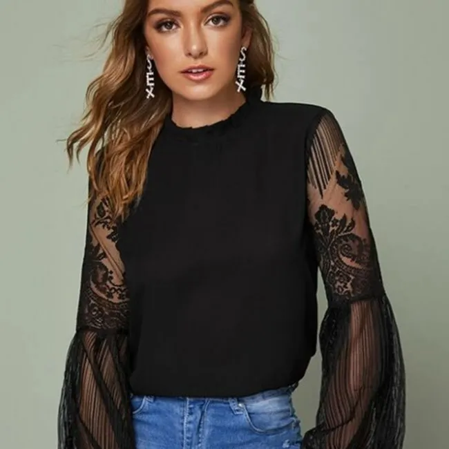 XS-XL Women Solid Color Lantern Sleeve Chiffon Blouse