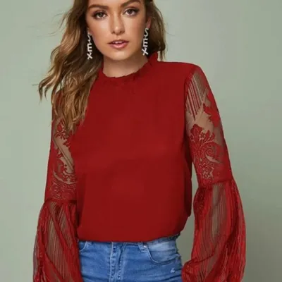 XS-XL Women Solid Color Lantern Sleeve Chiffon Blouse