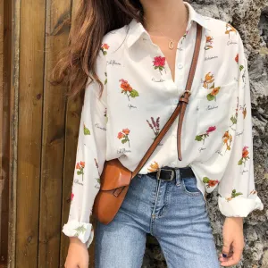 Women Casual Lapel Long-sleeve Floral Print Blouse