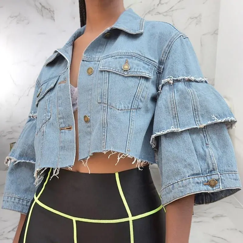 S-3XL Women Loose Lapel Half Sleeve Raw Hem Denim Coat