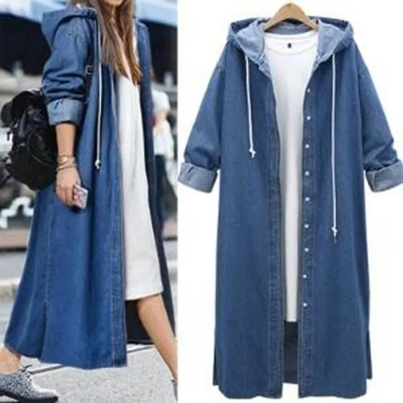 S-XL Women Casual Long-sleeve Single-breasted Extra Long Denim Hooded Over Coat
