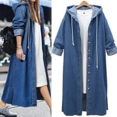 S-XL Women Casual Long-sleeve Single-breasted Extra Long Denim Hooded Over Coat