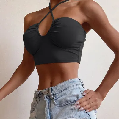 S-L Women Sexy Solid Color Strapless Halter Crop Top