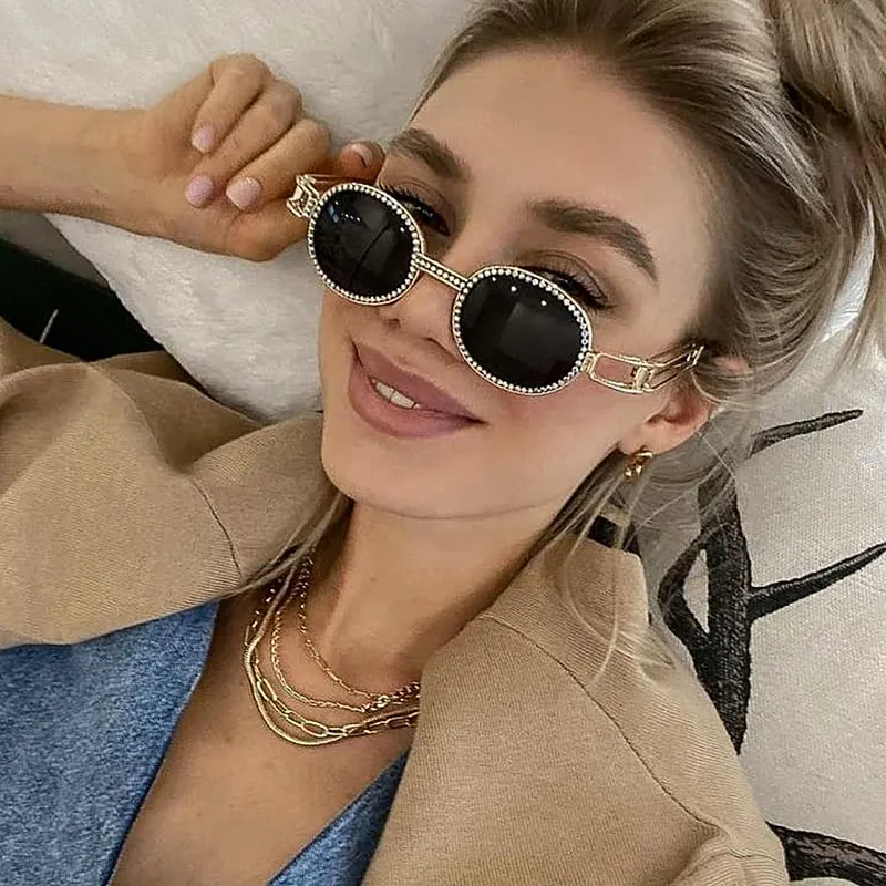 Women Fashion Rhinestone Decoration Round Frame Sunglasses Metal PC