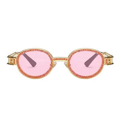 Women Fashion Rhinestone Decoration Round Frame Sunglasses Metal PC