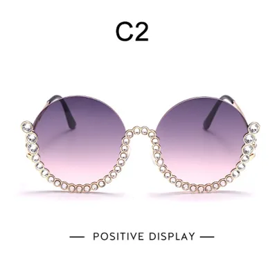 Fashion Rhinestone Decorated Round Half Frame Sunglasses