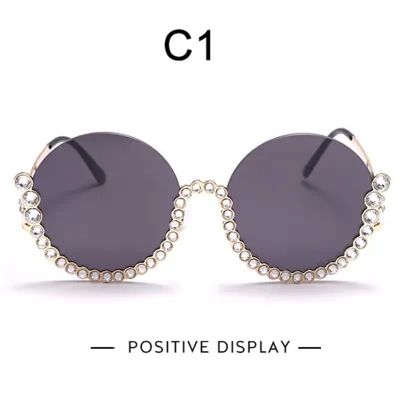 Fashion Rhinestone Decorated Round Half Frame Sunglasses