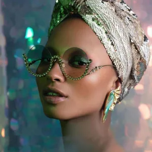 Fashion Rhinestone Decorated Round Half Frame Sunglasses