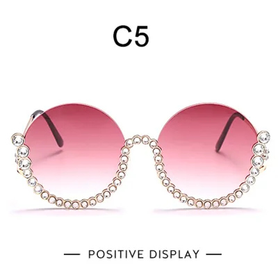 Fashion Rhinestone Decorated Round Half Frame Sunglasses