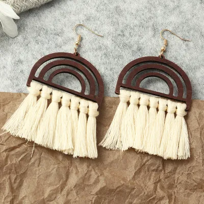2pcs/set Women Retro Bohemian Tassel Rainbow Wooden Earrings