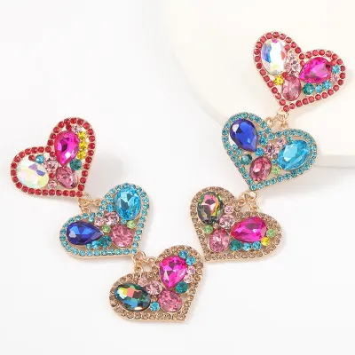2pcs/set Women Fashion Rhinestone Heart-shaped Multi-layer Drop Earrings