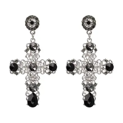 Fashion Hollow Cross Shape Rhinestone Crystal Glass Alloy Earrings for Women
