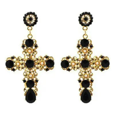 Fashion Hollow Cross Shape Rhinestone Crystal Glass Alloy Earrings for Women