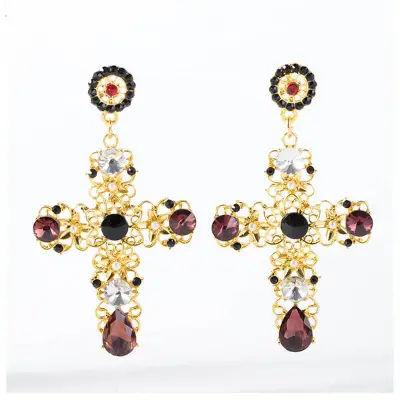 Fashion Hollow Cross Shape Rhinestone Crystal Glass Alloy Earrings for Women